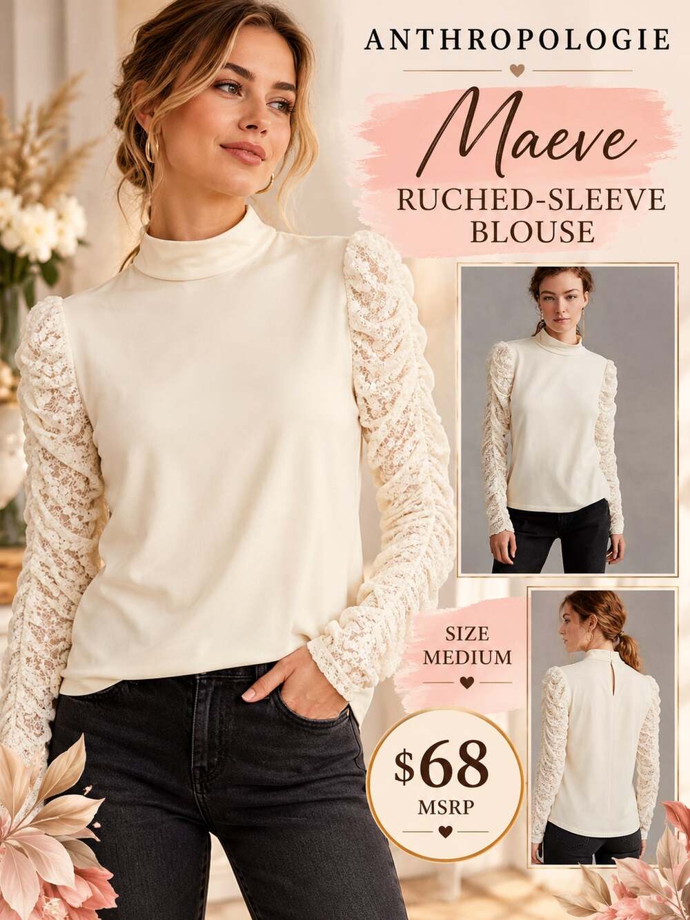 Anthropologie Maeve $68 Ruched-Sleeve Blouse Size Medium